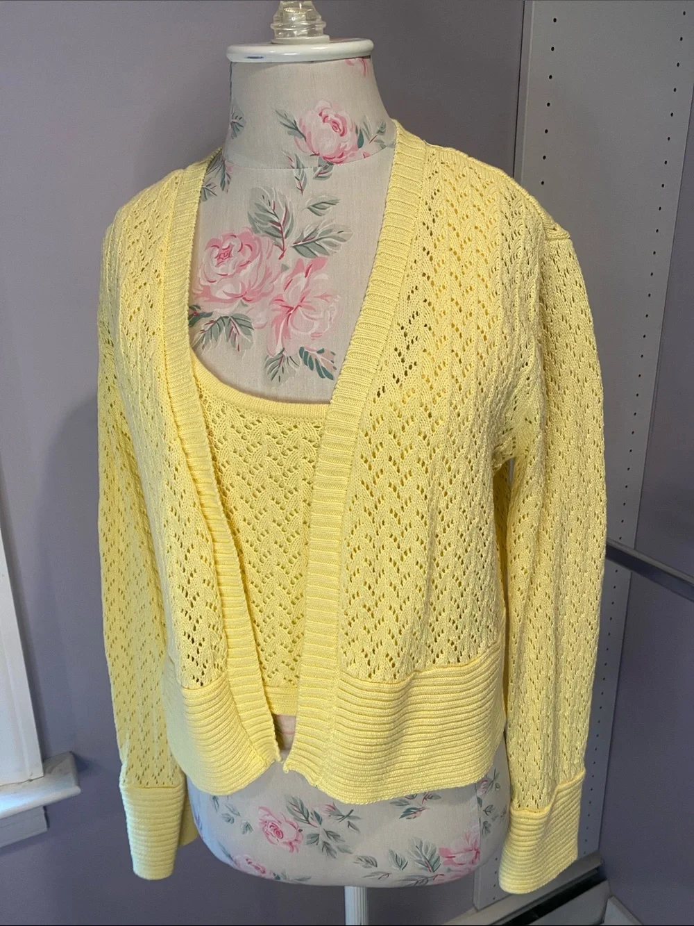 Z Supply Pale Yellow Open-Knit Cropped Cardigan and shell set